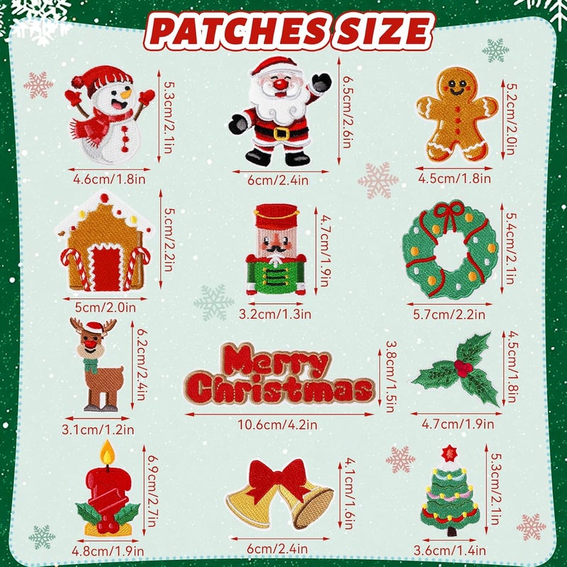 FOGWOWO 25 Pcs Green Red Christmas Patches Christmas Iron on Patches Stickers for Clothing Embroidered Applique Sew on Patch Xmas Tree Snowman Snowflake Stick on Patches for Backpacks Hats Bags DIY Decor - Image 3